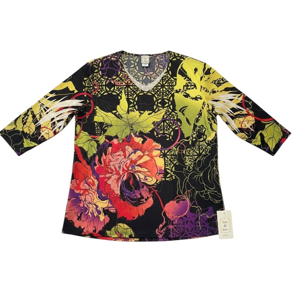 NEW Jess & Jane Corolina Floral Geometric Rhinestone V-Neck 3/4 Sleeve Top XL